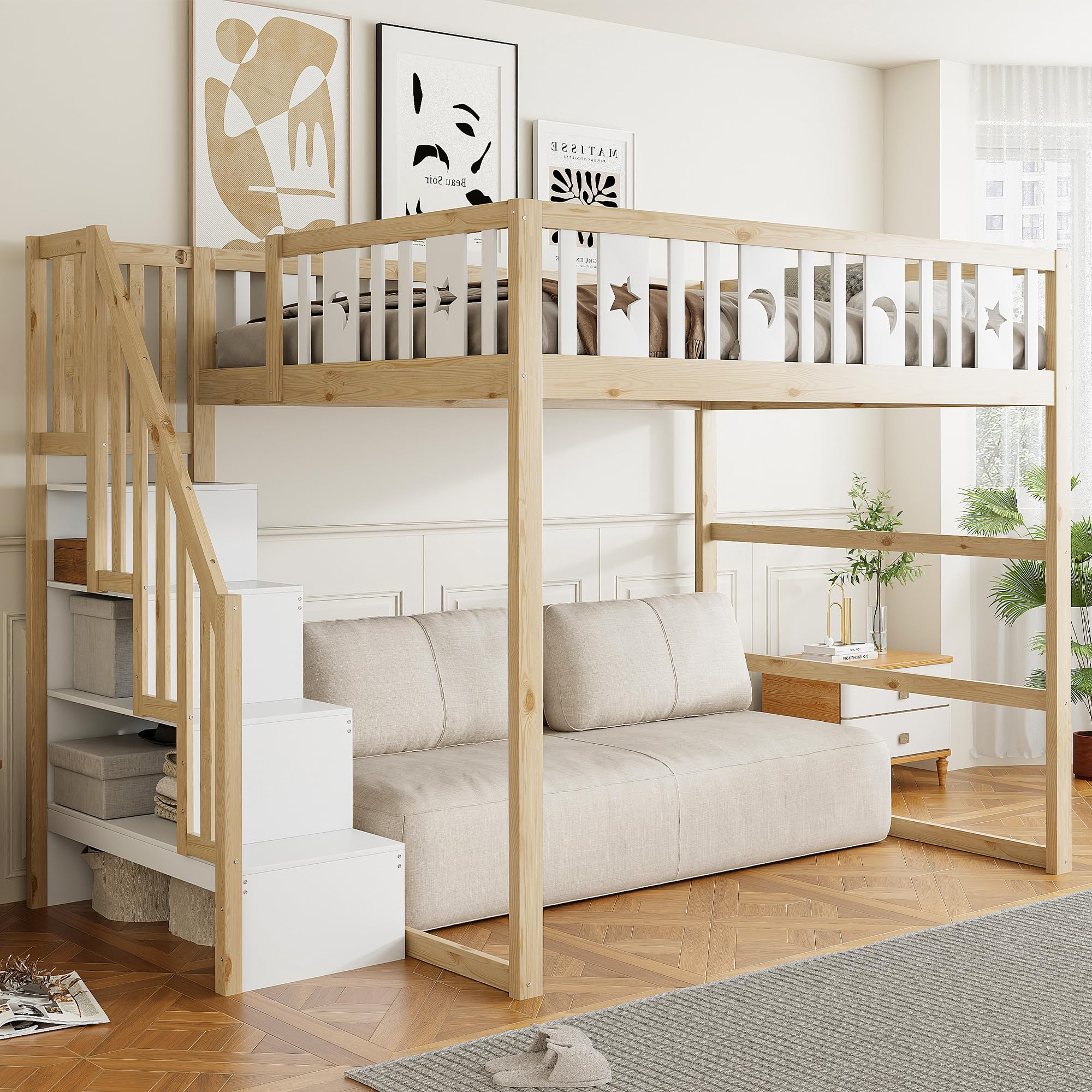 Letto A Soppalco 140x200 cmIn Metallo Con Doppio Ripiano Laterale, Cassetti Su Ruote E Spazio Contenitore, Struttura Letto In Metallo Con Supporto Per Tenda, Per Camera Compatta