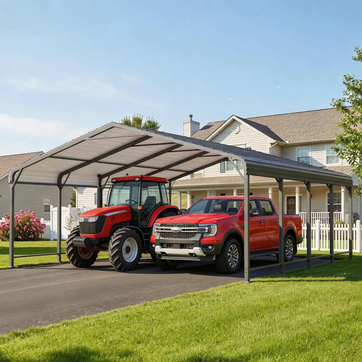 Fansafurn 20' x 20' Carport, Metal Carport with Updated Roof & Enhanced Base, Heavy Duty Canopy Carports Garage, Vertaile for Car, Truck, Boat, Tractors, Party, Grey