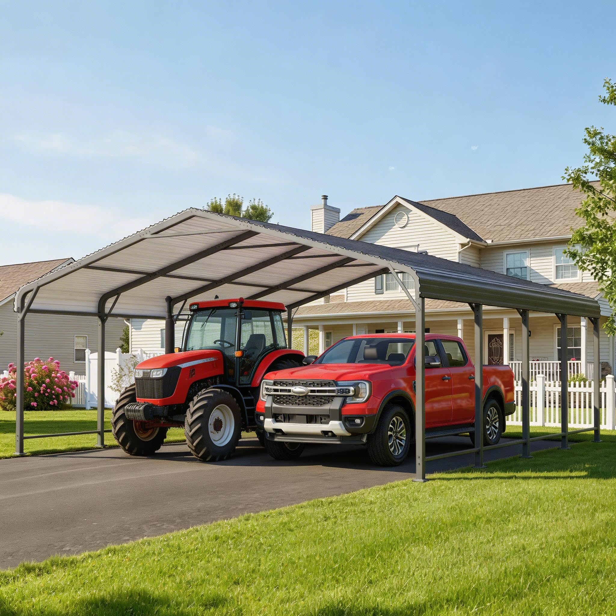 Photo 1 of ** SELLING FOR PARTS AS PARTIAL SET. ONE BOX OF FIVE.** Fansafurn 20' x 20' Carport, Metal Carport with Updated Roof & Enhanced Base, Heavy Duty Canopy Carports Garage, Vertaile for Car, Truck, Boat, Tractors, Party, Grey