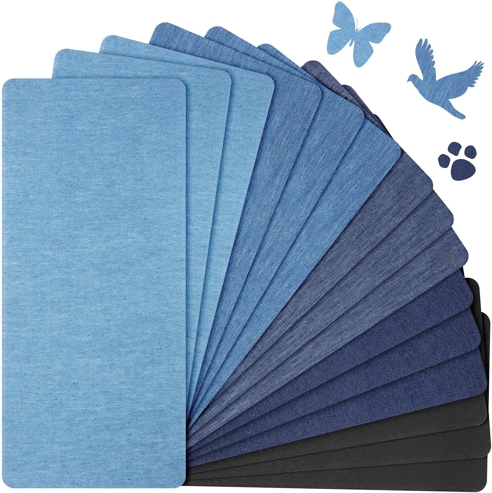– 15 Sheets Iron-On Mending Fabric, Denim Patches for Jeans Kit, 4.92x11 Inch, Clothes Patches Iron-On Repair Kit for Fixing Couch Pants Pockets Holes Knees Elbow(Black, Dark Blue, Light Blue, Sky Blue)
