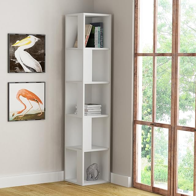 Hocuspicus 5 Tier Corner Bookcase with Many Colour Options - 161x34x34cm - Living Room Furniture - Easy to Assemble - Book Storage - Display Unit (White)