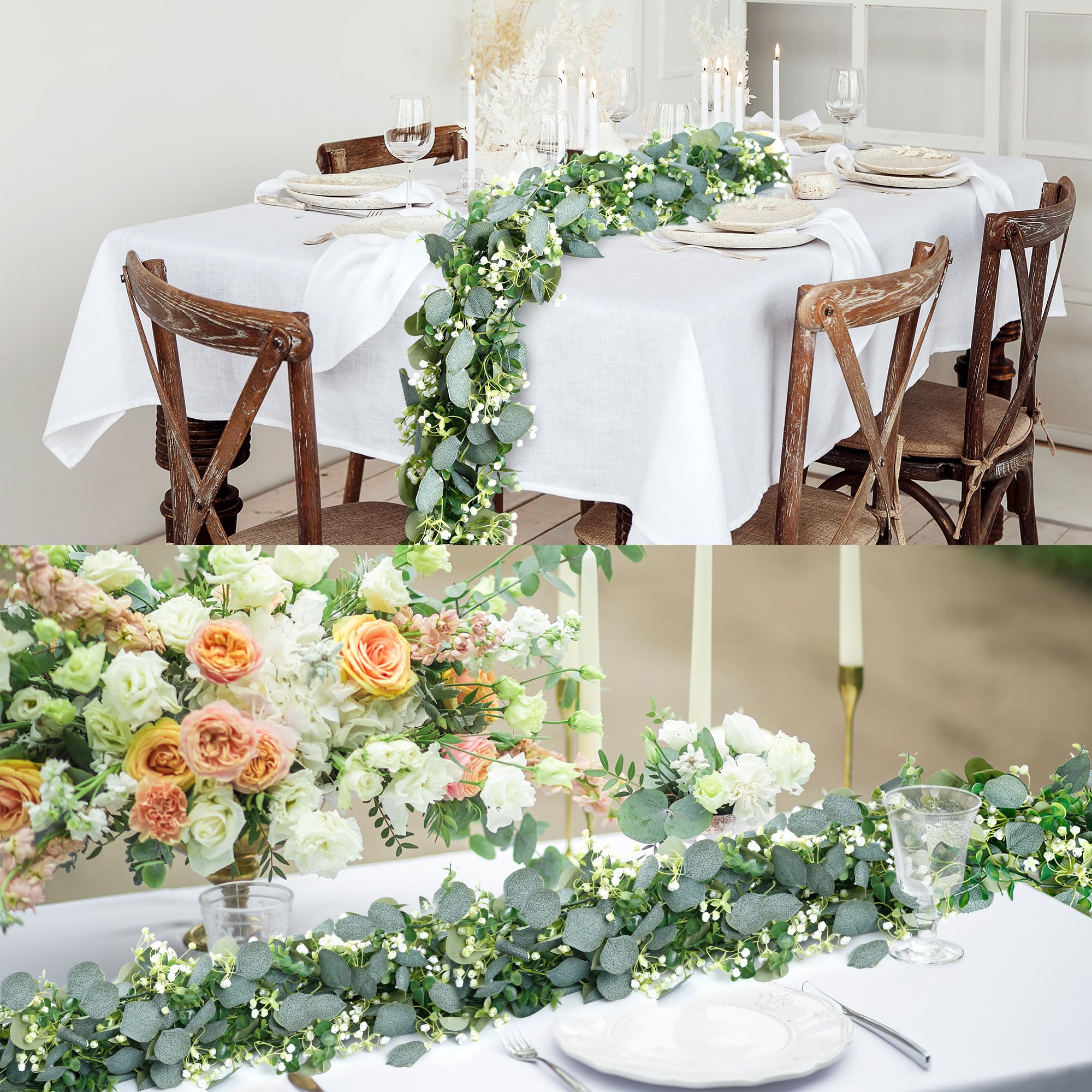 Sggvecsy Künstliche Eukalyptus-Girlande, Eukalyptusblätter, Ranken, grüne Girlande, künstliche Silber-Dollar-Eukalyptusblätter für Tisch, Party, Hochzeit, Innen- und Außenbereich, Heimdekoration, 6