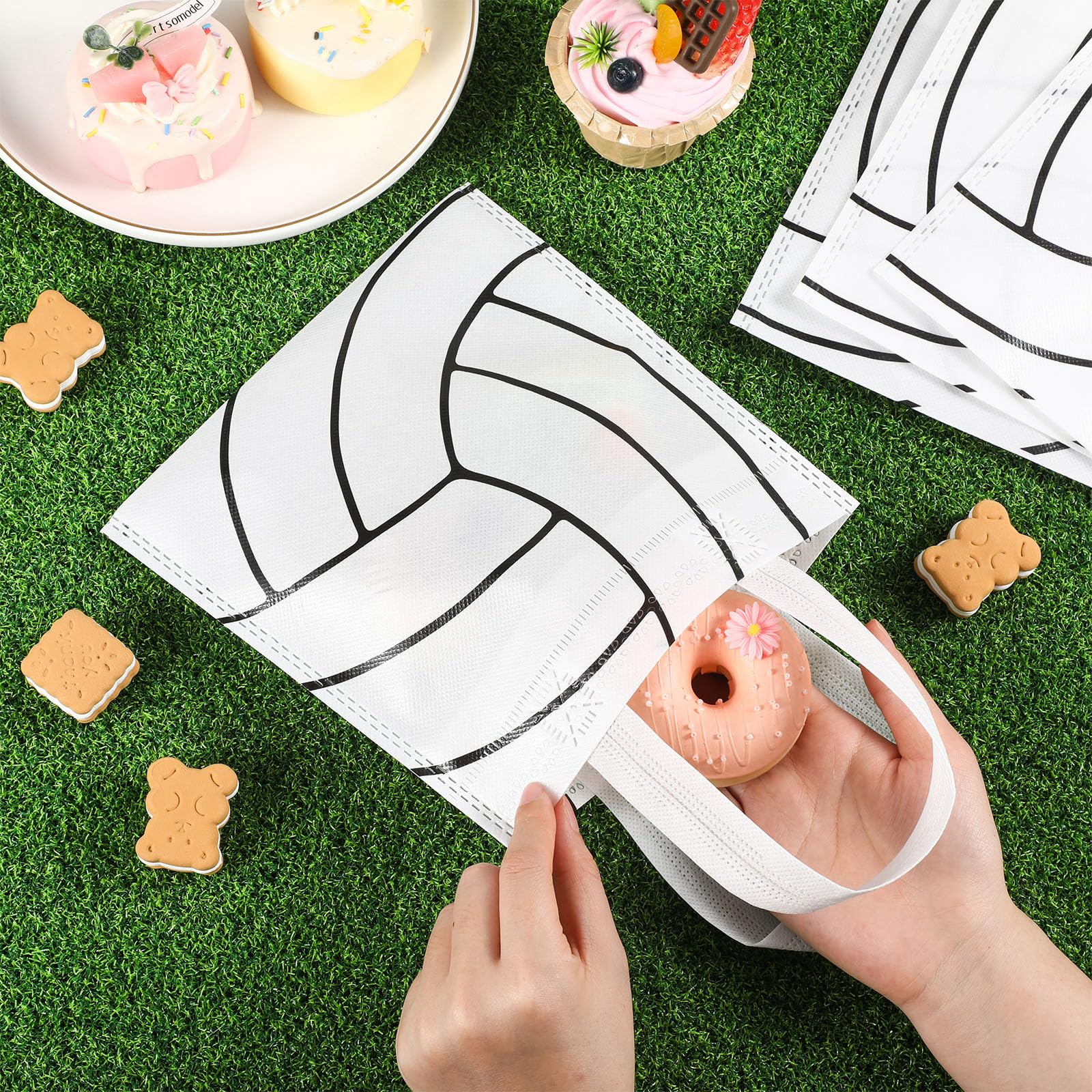 Sweetude 12 Pcs Volleyball Party Gift Bags Sports Theme Candy Goodie Bags 7.8 x 7.8 Inch Volleyball Non Woven Totes with Handles for Sports Party Favors Birthday Decor Supplies
