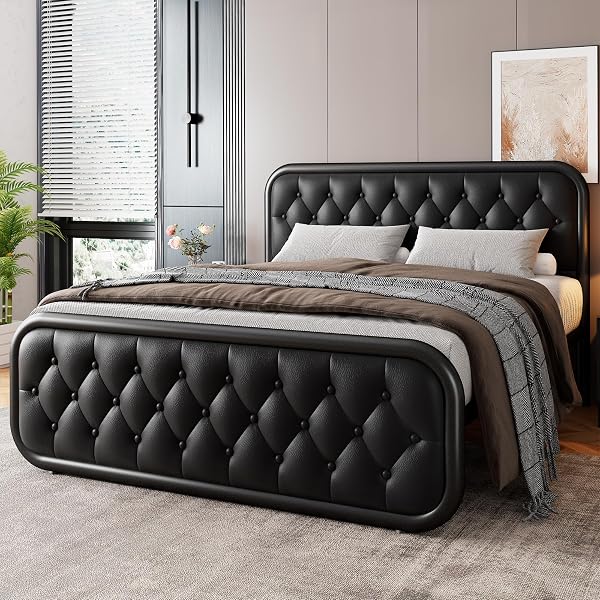 GalnFu Metal Bed Frame, Upholstered Bed with Leather Button-Tufted Headboard & Footboard, Heavy-Duty U-Shape Platform Be