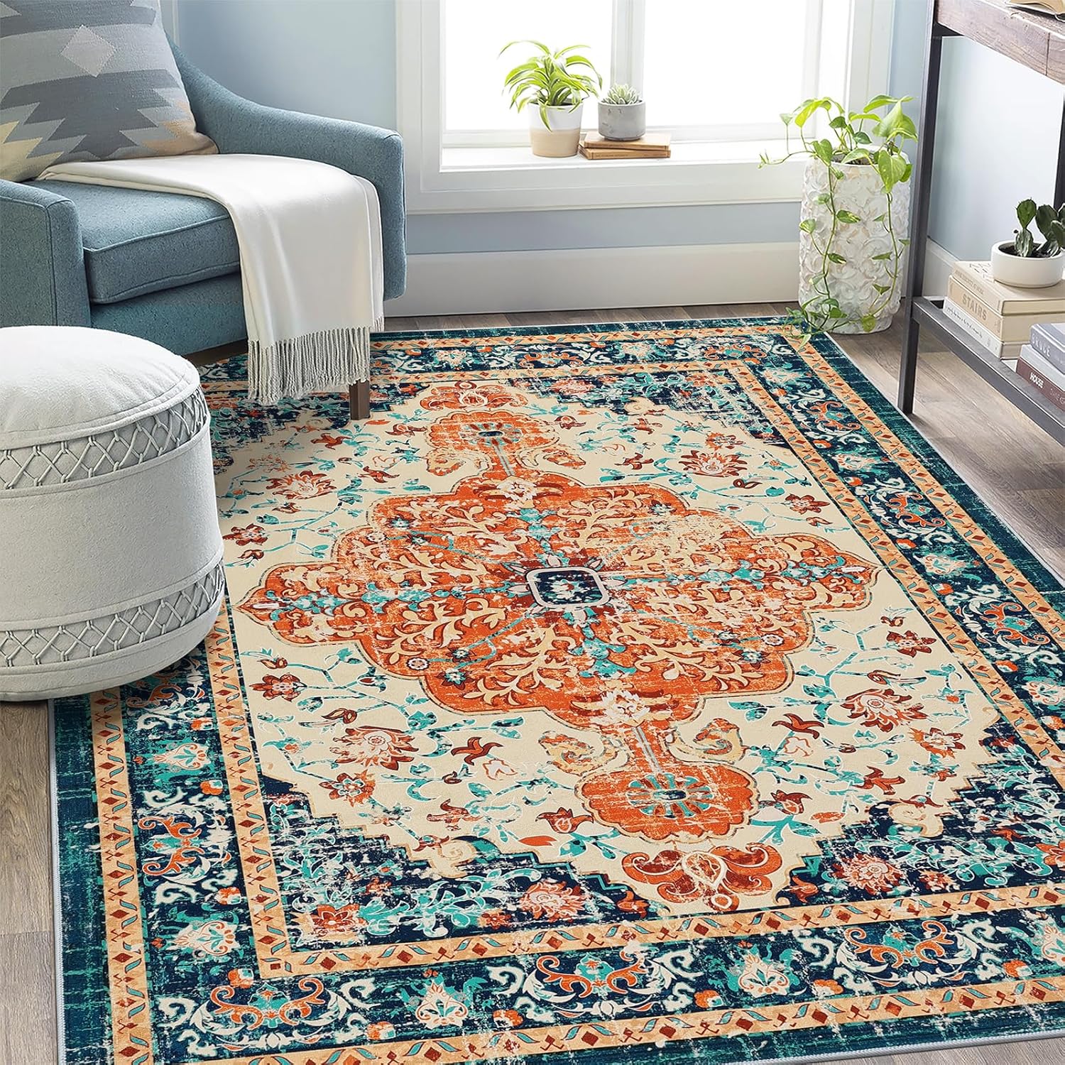 U'Artlines Boho Vintage Area Rug 5x7 Machine Washable Low Pile Soft Floor Carpet Non Slip Non Shedding Accent Rug for Living Room Bedroom Entryway Dining Room Office Orange/Multi