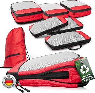 Compression Packing Cubes Set - Packwürfel Koffer Organizer Set Kompression | 50-80l, rot, 2x mehr Platz im Koffer & Rucksack, reißfest, wasserfestes Fach, Backpacking, Sightseeing, Familienausflüge