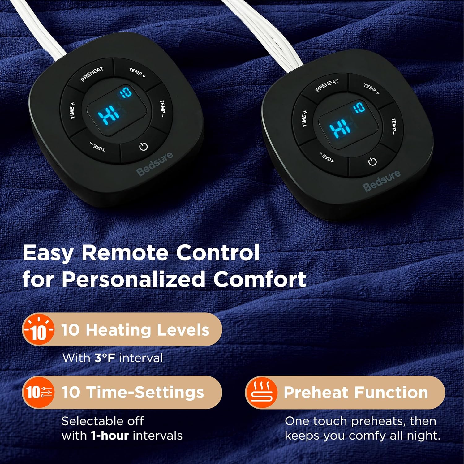 Bedsure Electric Blanket Queen Size - Dual Control Heated Blanket Queen, Fast Heating with 10 Time Settings & 10 Heat Settings, Warm Gift for Grandma (84x90 inches, Pageant Blue) - Image 3