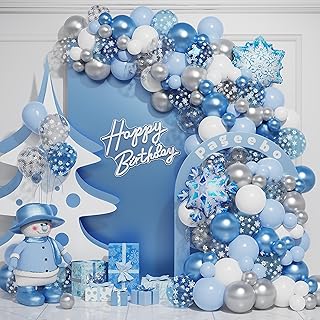 147pcs Snowflake Balloon Arch Kit Ice Snow Blue White Snow Confetti Balloons for Winter Wonderland Theme Party Baby Shower Party Birthday Party Decoration
