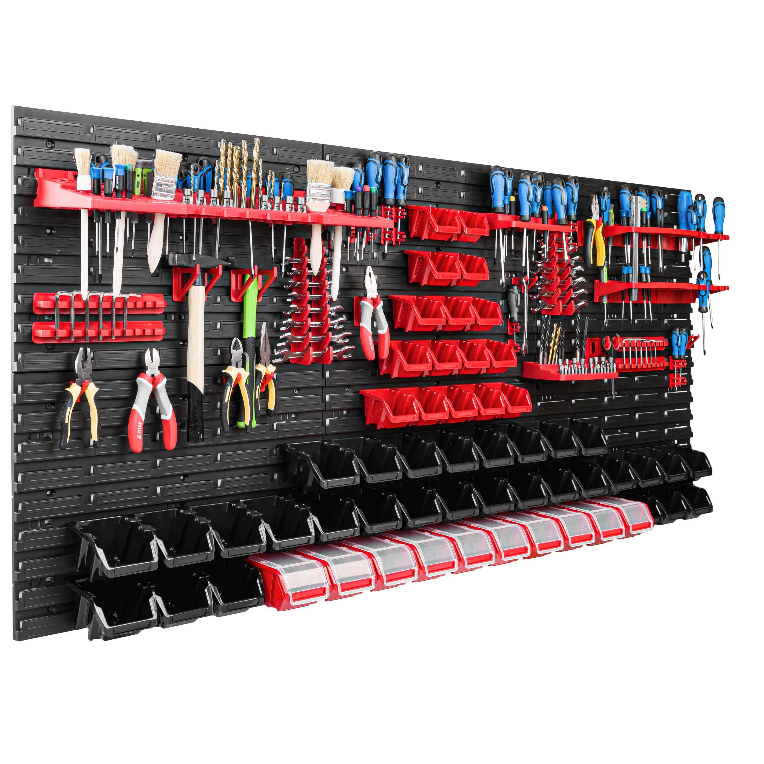 Sistema de almacenamiento para taller, 172 x 78 cm, caja de 56 unidades, estantería de pared con soportes para herramientas y cajas apilables, placas de pared extrafuertes, estantería de