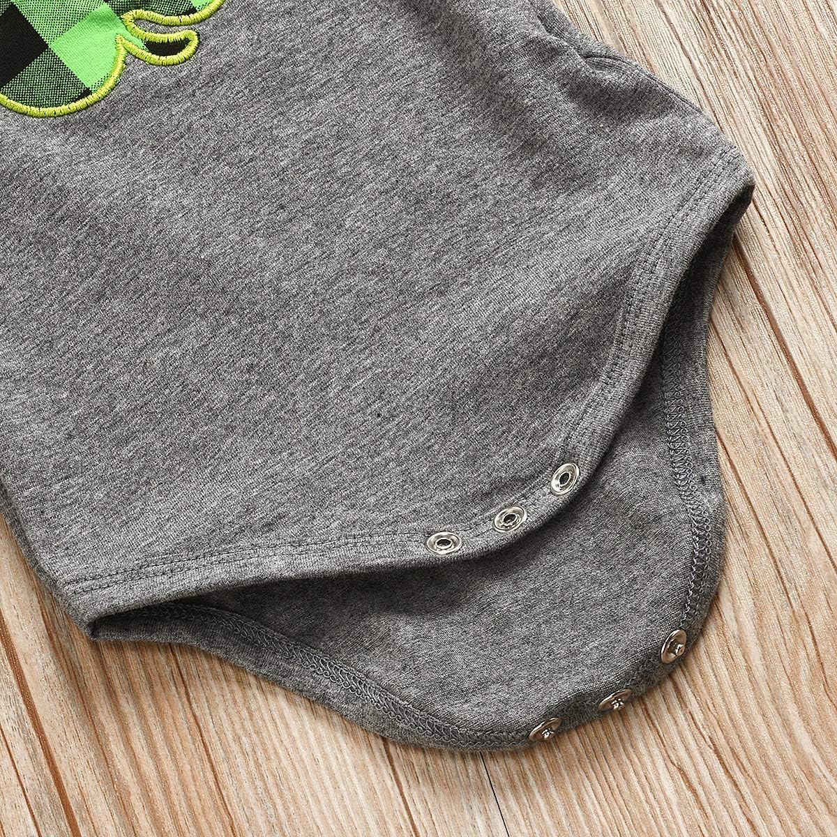 Baby Girls St.Patrick's Day Outfits Shamrock Clover Print Ruffle Short Sleeve Romper +Green Plaid Suspender Skirt Set - Image 7