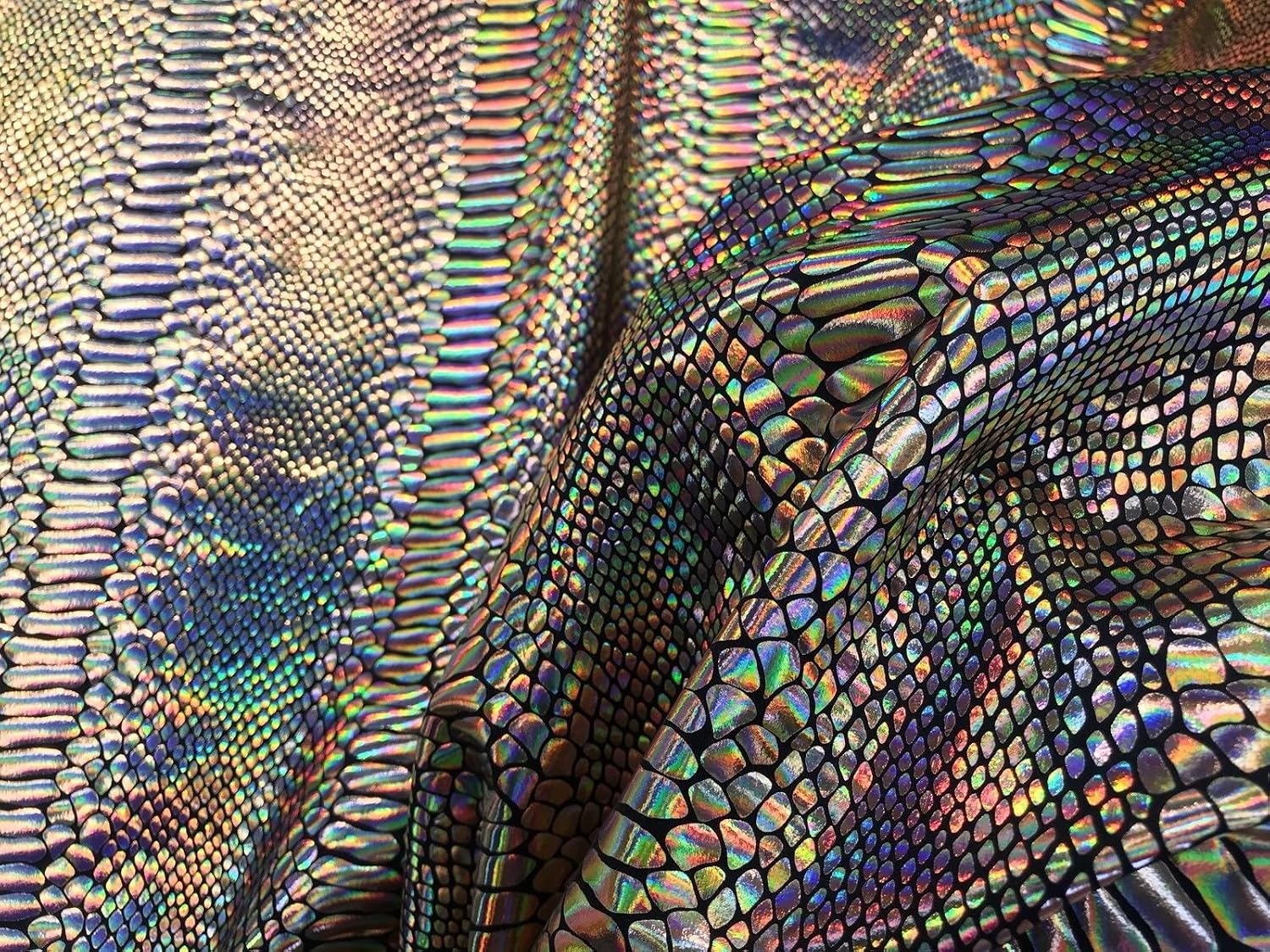GOLD IRIDESCENT SNAKE SKIN PRINT ON A NYLON 2 WAY STRETCH SPANDEX-SOLD BY YARD.