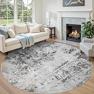 Round Rug 8ft Circle Rug Washable: Carpet Circular Area Rug for Entryway Kitchen Bedroom Dining Room Living Room Large 8 Feet Abstract College Dorm Non Slip Low Pile Black Grey Gold