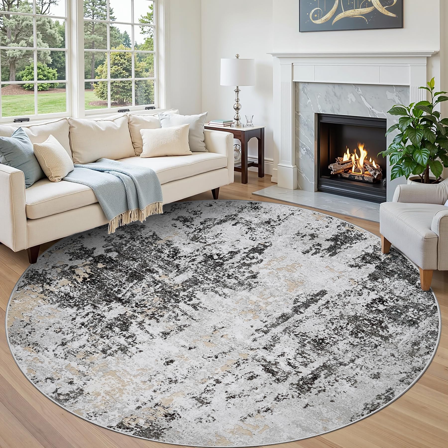 Round Rug 8ft Washable Rug for Dining Room Living Room Black Grey Gold — image 1