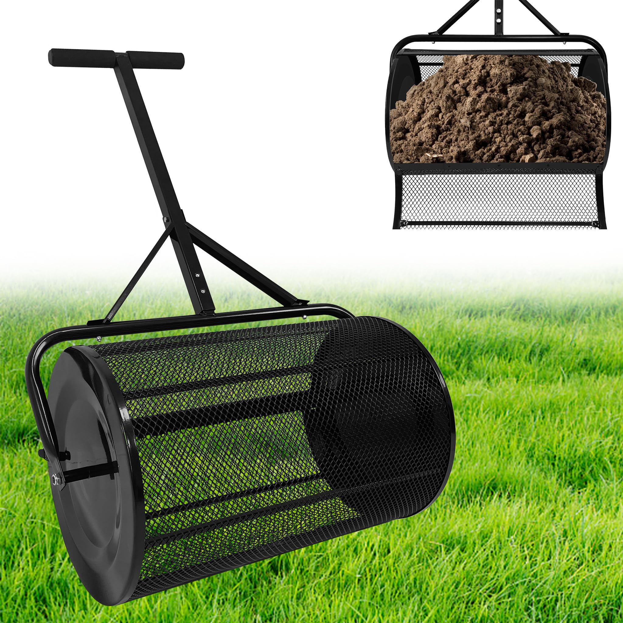 Esparcidor de compost de metal de 80 litros con mango en T - Cesta cilíndrica de malla - Esparcidor de fertilizante para césped - Ideal para fertilizantes de césped y turba