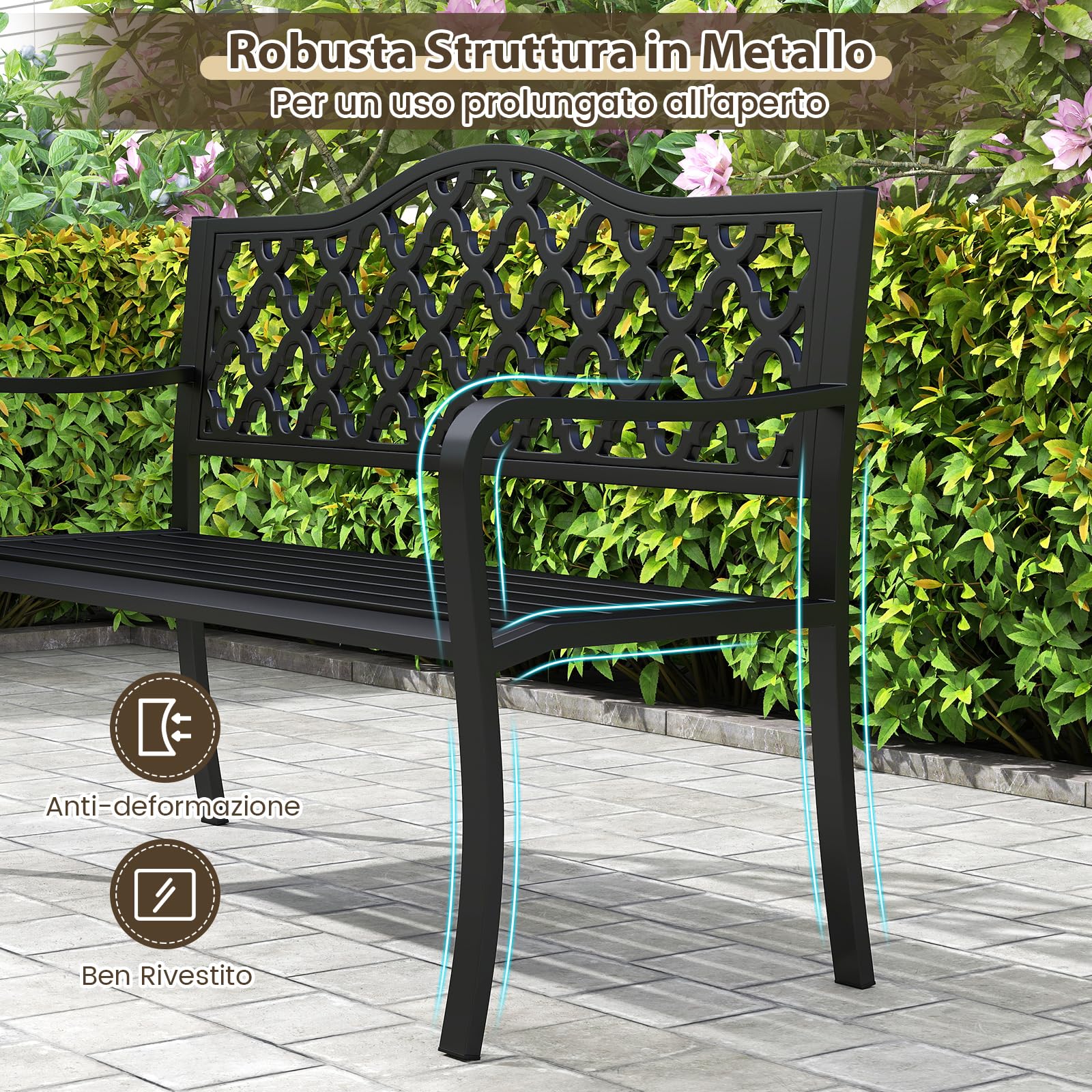 COSTWAY Panchina da Esterno in Metallo con Doghe e Braccioli Curvati | Panca da Giardino 128 x 54 x 89 cm per 2-3 Persone per Piscina e Veranda, Nero