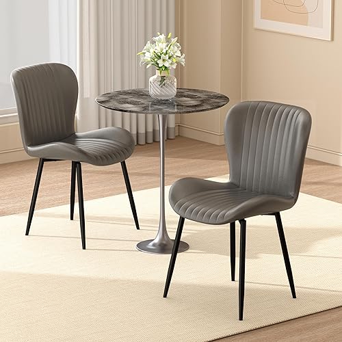 Miniatura 9 de Juego de 4 sillas de comedor, modernas sillas de cocina tapizadas de piel sintética, sillas de comedor con respaldo cómodo, color gris claro