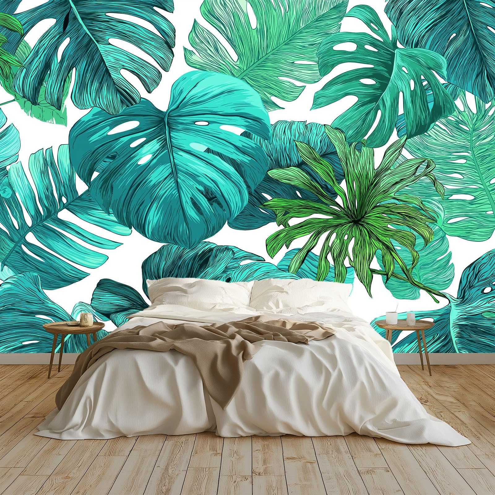 Papier Peint Effet 3D Tropical Intissé Vert Foncé pour Salon et Chambre