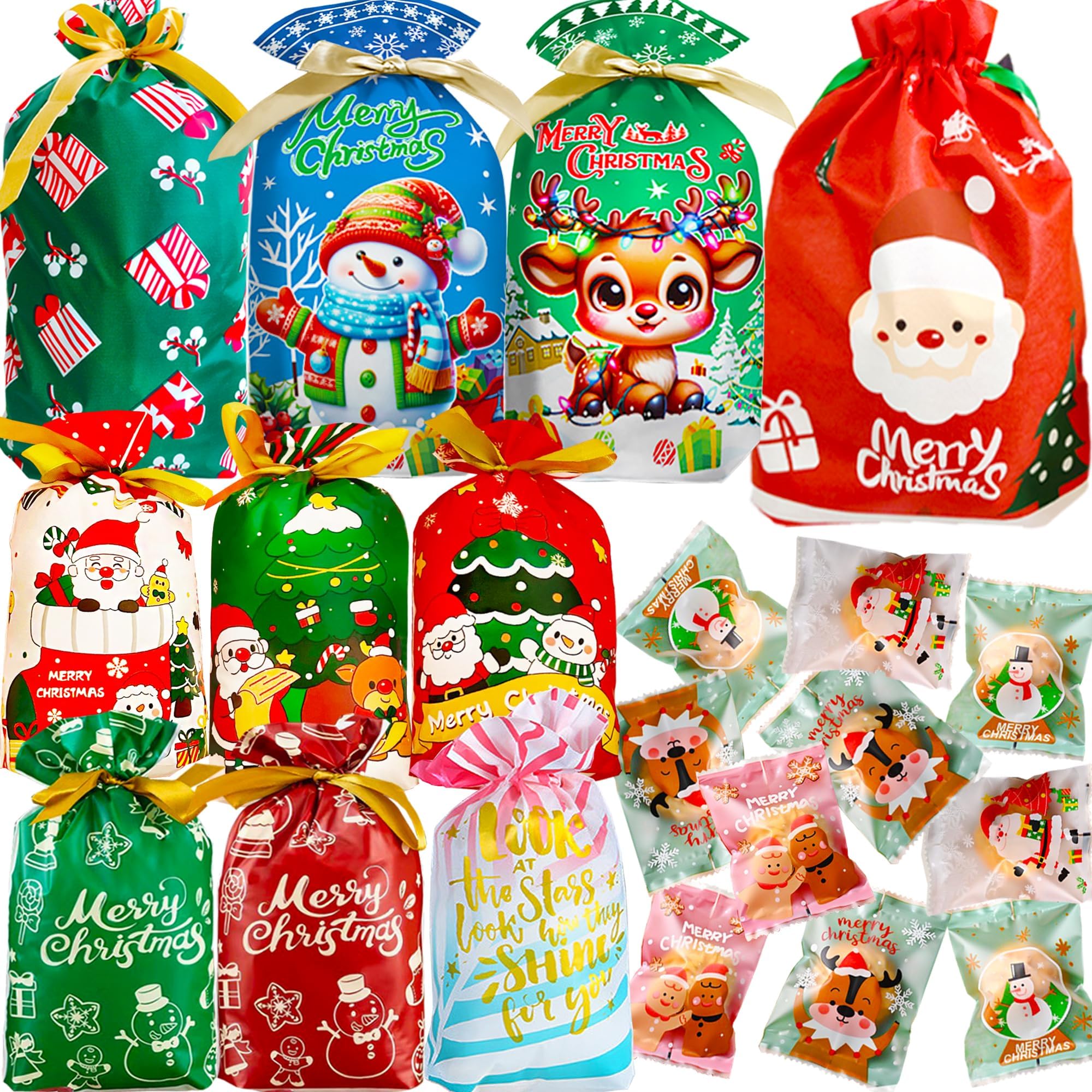 50pcs Christmas Drawstring Gift Wrap Bags Set Drawstring Xmas Wrapping ...