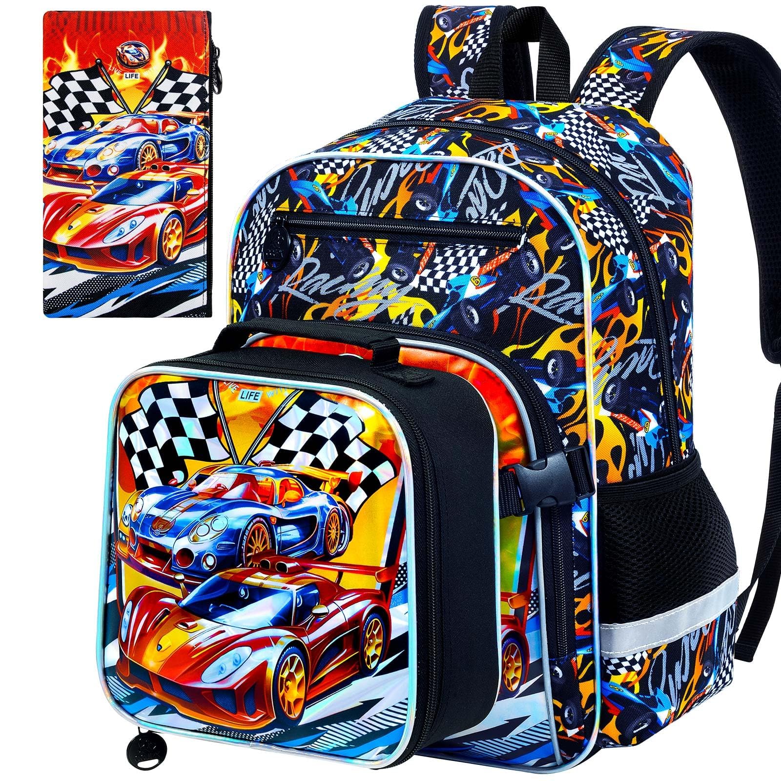 16" Race Cars Backpack for School, 3Pcs Boys Bookbag with Lunch Box, Kids Backpacks Set for Elementary Preschool Kindergarten (Fire)