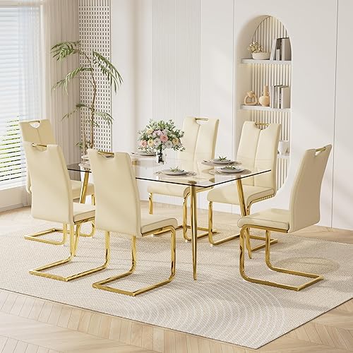 Miniatura 22 de Juego de mesa de comedor moderno de 51" de 7 piezas para 6, mesa rectangular de cristal con 6 sillas tapizadas en cuero, capacidad para 6 personas,