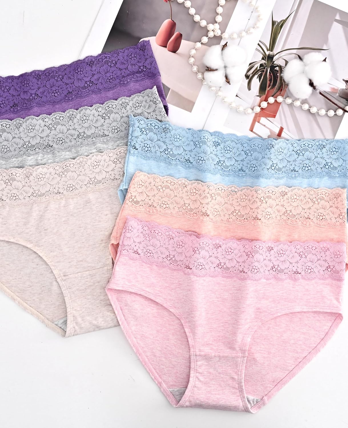 Sunm Boutique Cotton Underwear for Women, Sexy Lace Waistband Women's Panties, Full Coverage Breathable Ladies Bikini