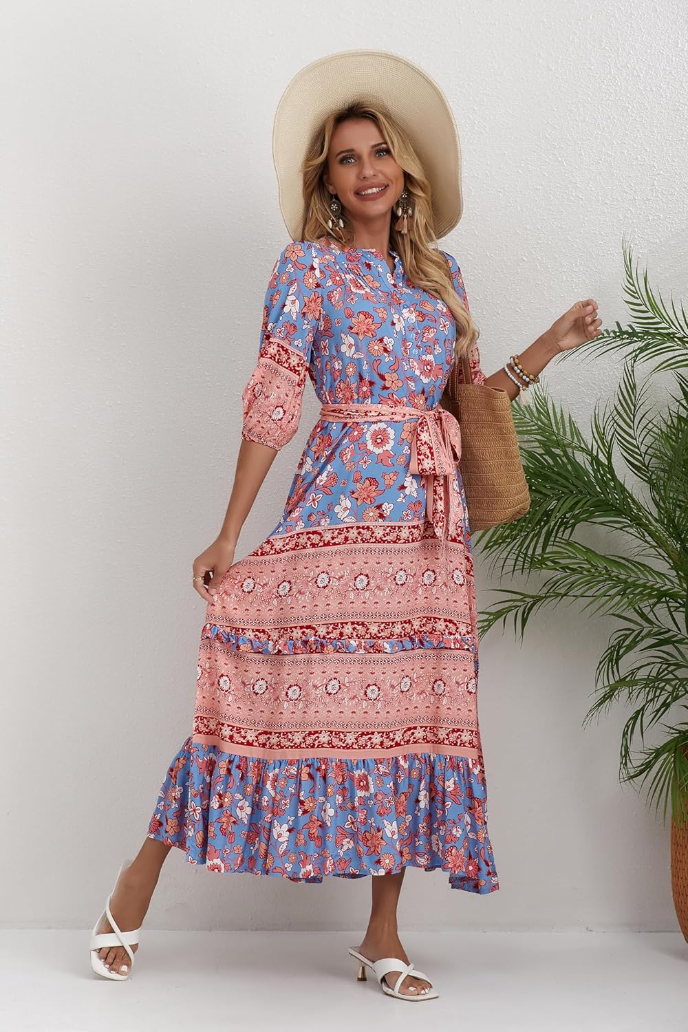Women 3/4 Sleeves Front Buttons Floral Print Casual Bohemian Maxi Dresses - Image 2