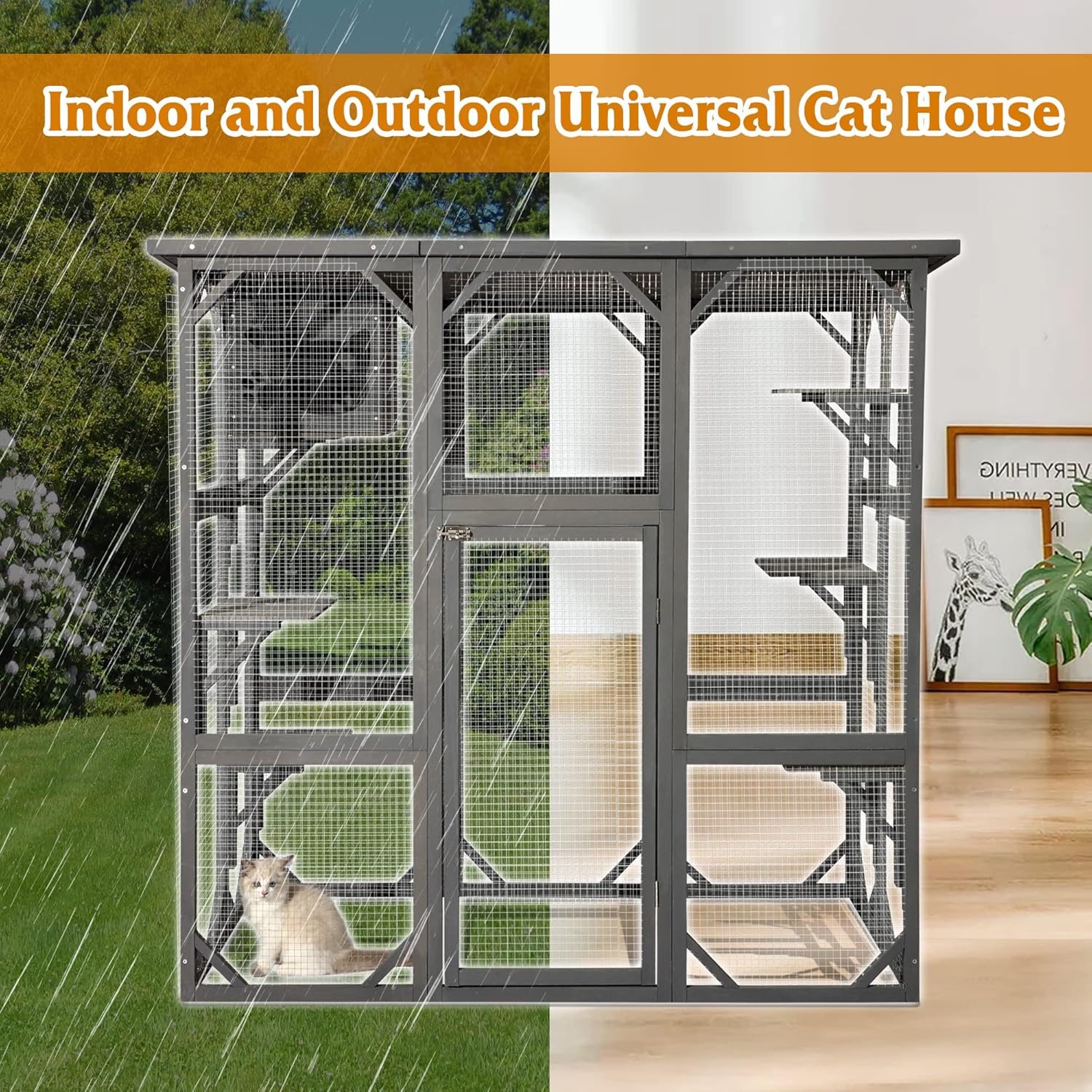 Catio Outdoor Cat Enclosure,4 Tiers Large Outdoor Cat Enclosures for Mulitiple Cats Walk in Cat Patio with Waterproof Roof, 74" Outdoor Catios with Hanging Hammock, Bridge (Dark Grey)