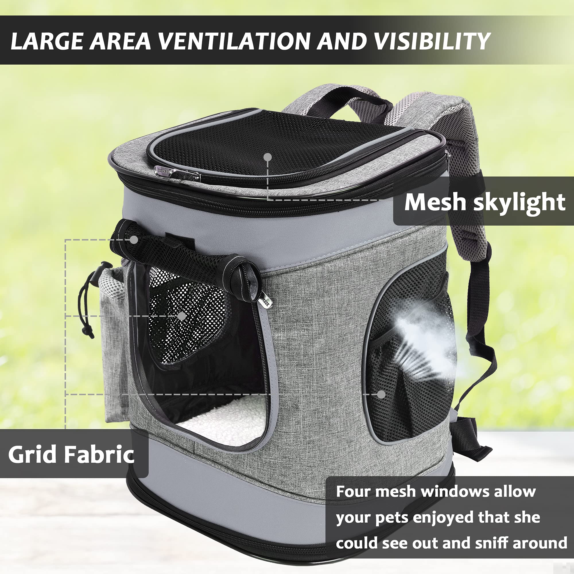Katzenrucksack Hunderucksack bis 6.8KG, Faltbare Haustier Tragetasche mit Innerer Sicherheitsleine und Matte für Katzen und Hunde, Grau
