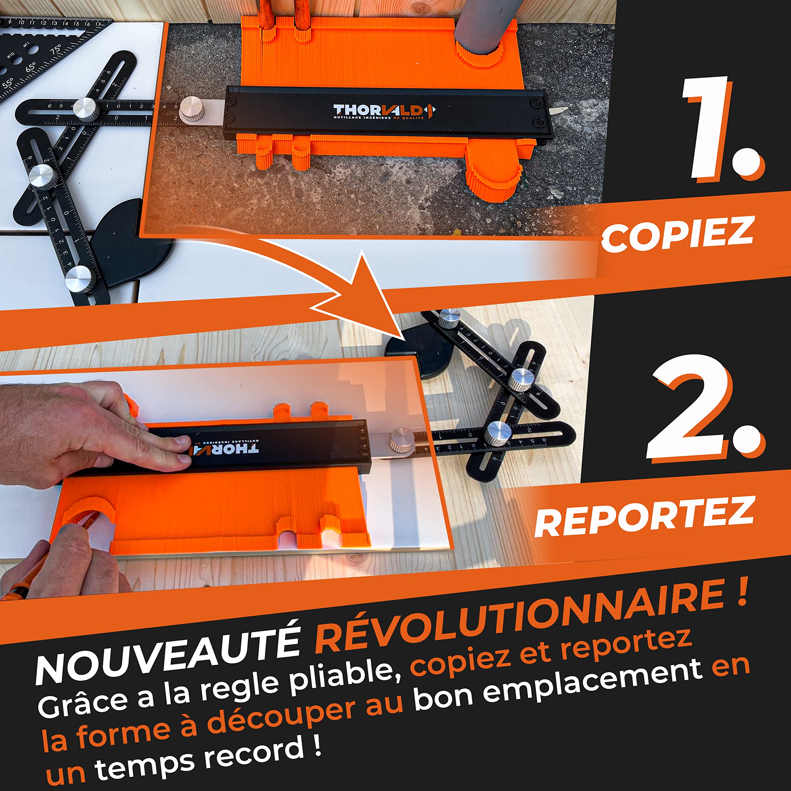 THORVALD Jauge de Contour Automatique 25cm Verrouillable - CRAYON CHANTIER et NOTICE FR - Copieur de Contour pour traçage gabarit de decoupe carrelage et parquet