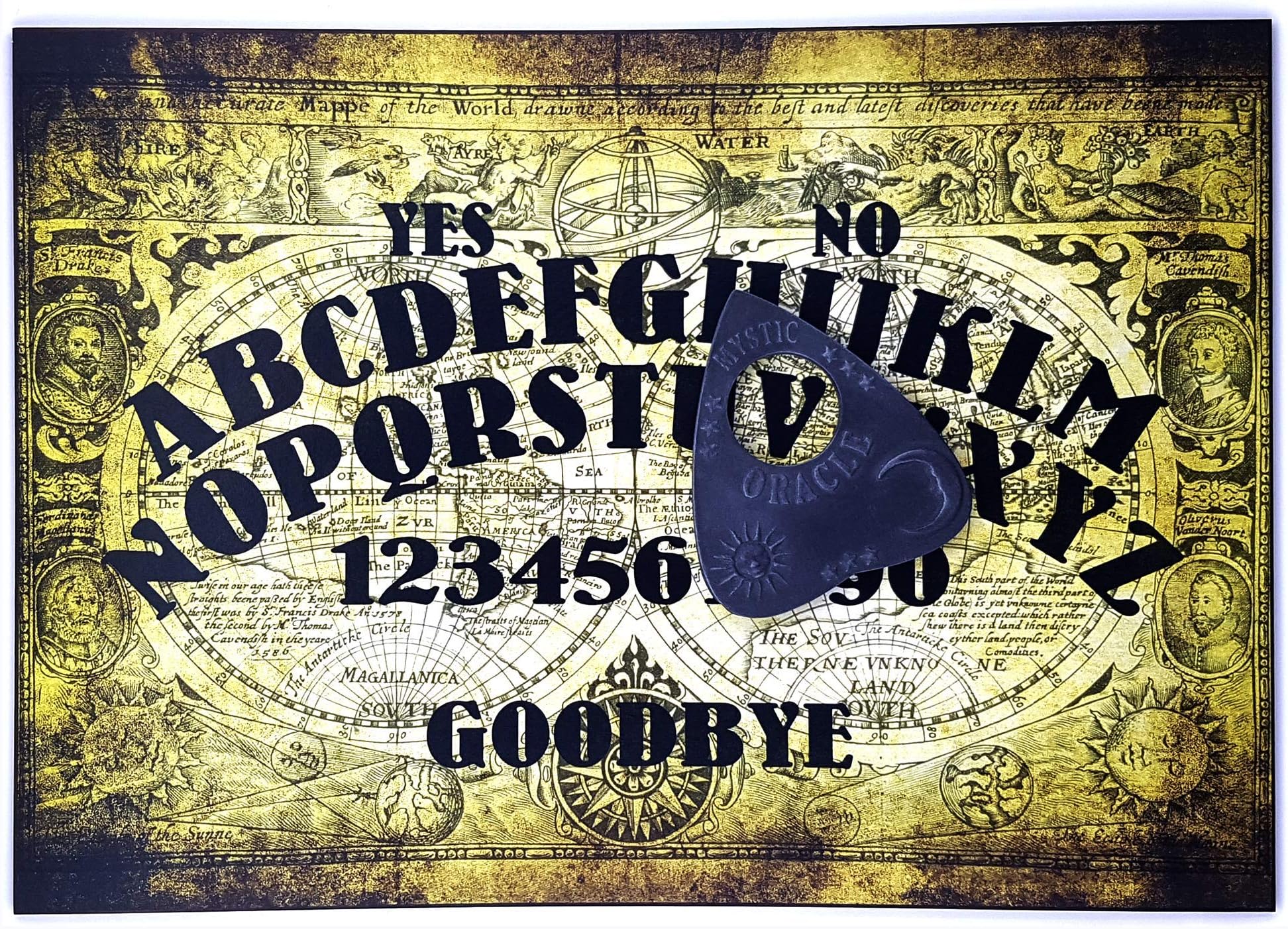 Hand Finished A4 Sized Wooden Olde Worlde Talking Board Set Complete with Mystic Oracle Planchette, Ouija Style Board with World Map Detailing
