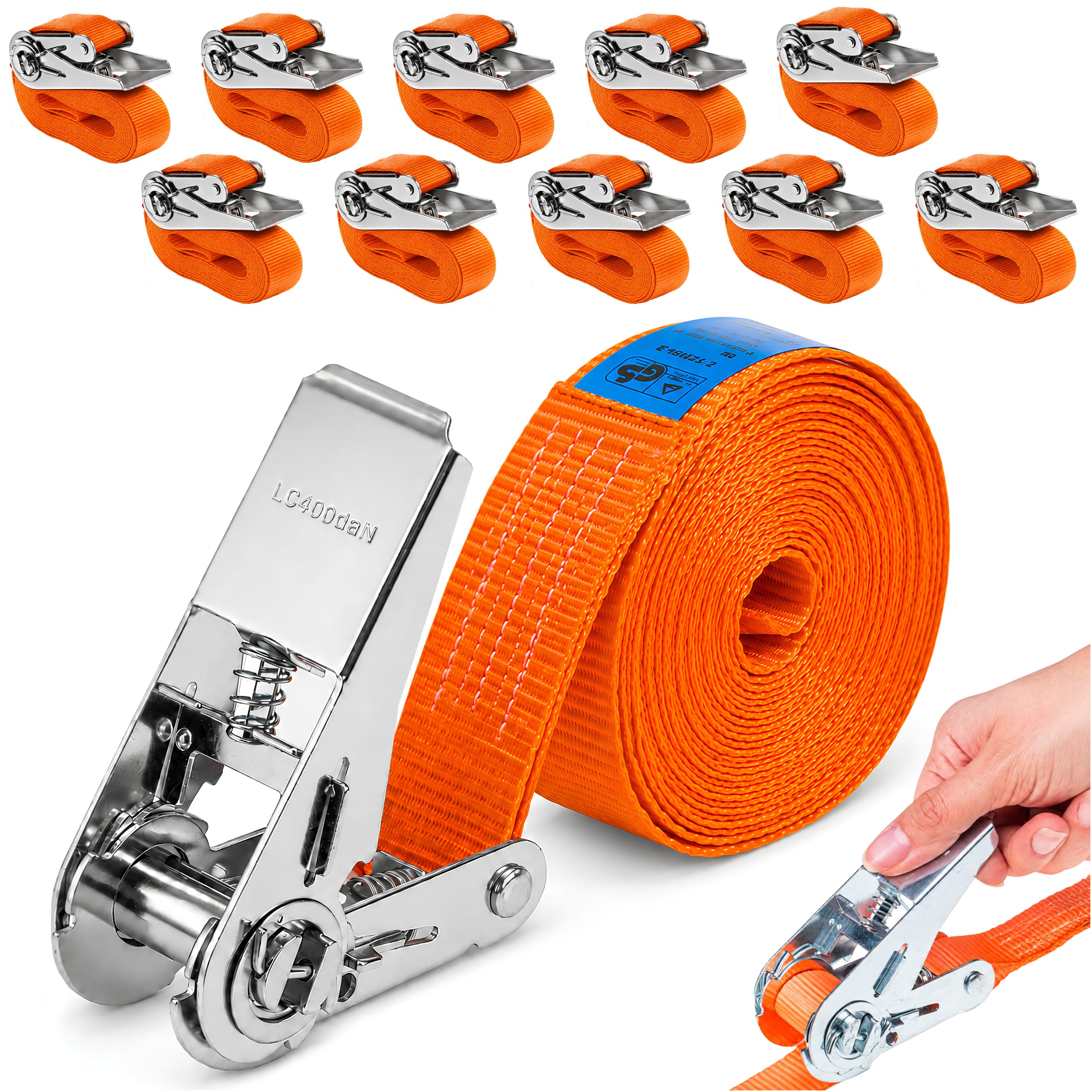 INTAKO Cinghie a Cricchetto 800kg 25mm – 4m / 6m – Verde (Ergolash) o Arancione – Confezione da 2 o 10 Pezzi (Arancione, 6m (10 Pezzi))