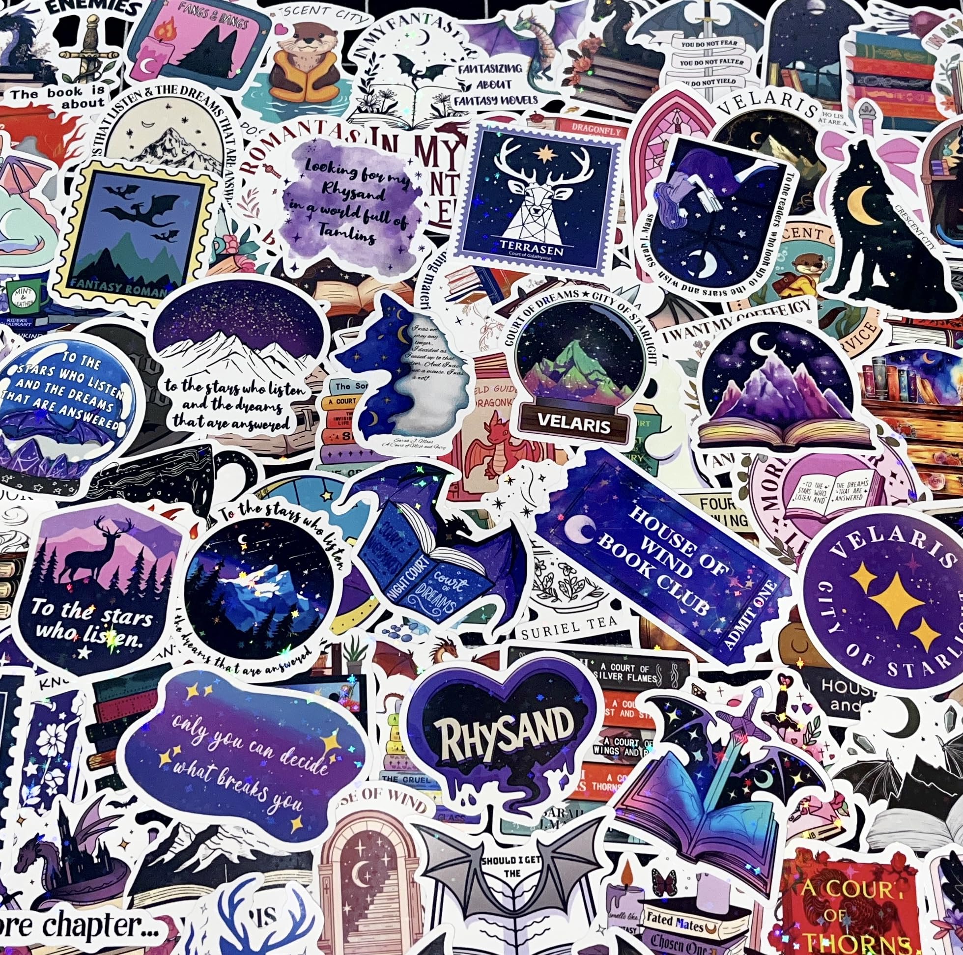 100PCS SJM Fantasy Book Stickers, Holographic Bookish Acotar Stickers for Laptops Water Bottles Crescent City Throne of Glass Merch Waterproof Decals Party Sticker Pack Gifts