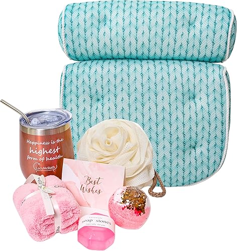 Lady McBath - Cestas de regalo de spa para mujer, juego de regalo de baño para mujer, almohada de baño de lujo, esponja de lufa, bomba de baño,