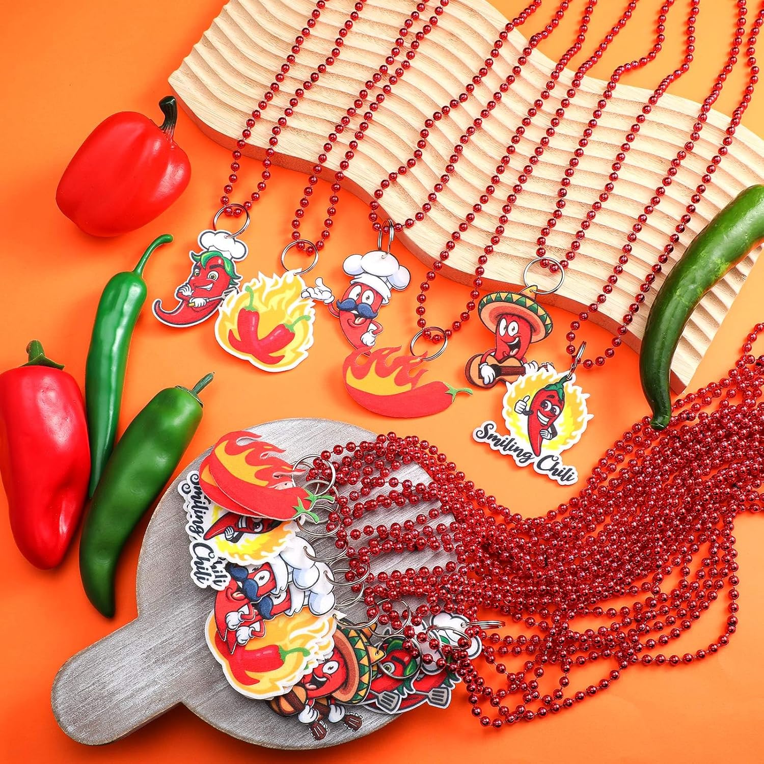Sasylvia 60 Pcs Chili Pepper Bead Necklaces Bulk Cook off Party Decoration with Felt Pendant in 6 Styles for Mexico Fiesta Chili Themed Cooking Party - Image 4