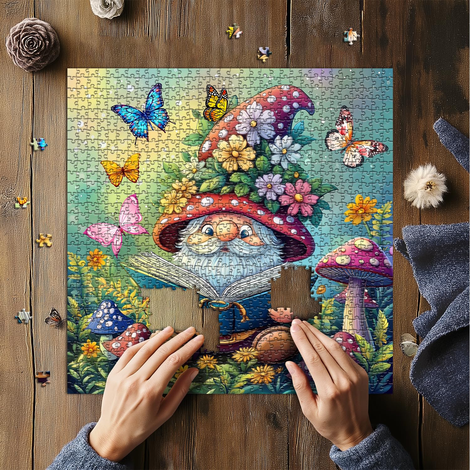 Śmieszne puzzle krasnale dla dorosłych, 1000 sztuk, natura, grzyb, motyl, ogród, tematyka, uroczy wiosenny krasnal kwiat, wyzwanie