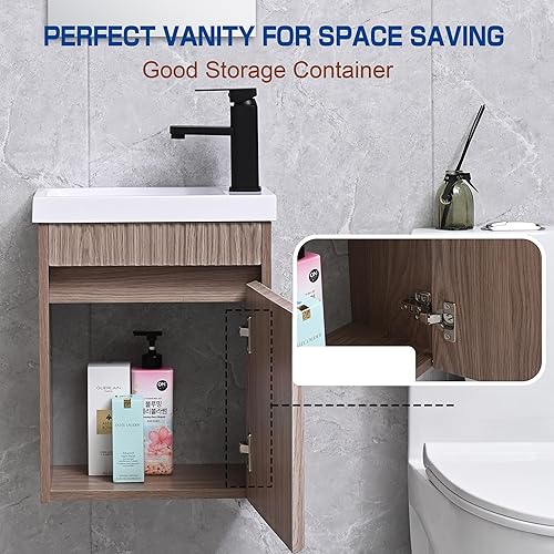 Miniatura 3 de USBATHJOY Combo de lavabo de baño de 16 pulgadas para espacio pequeño, juego de gabinete de baño montado en la pared con lavabo de resina blanca,