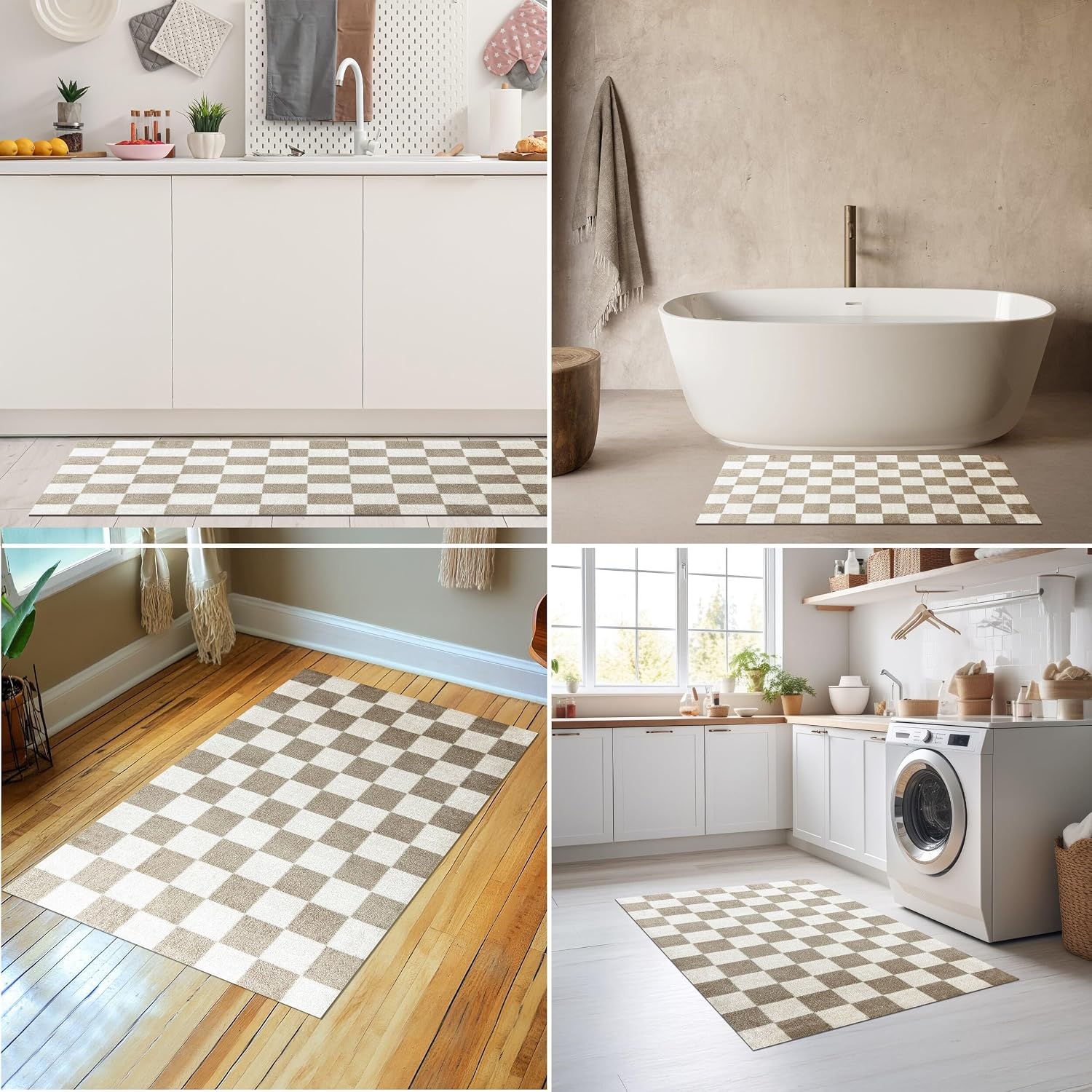 Wash + Dry Checkered Taupe One-Piece Washable Rug with Rubber Backing, Large Door Mat for Entryway, Kitchen, Bathroom, Non-Slip Indoor Doormat Washable, Tan and Cream Checker, 27.5” x 47”