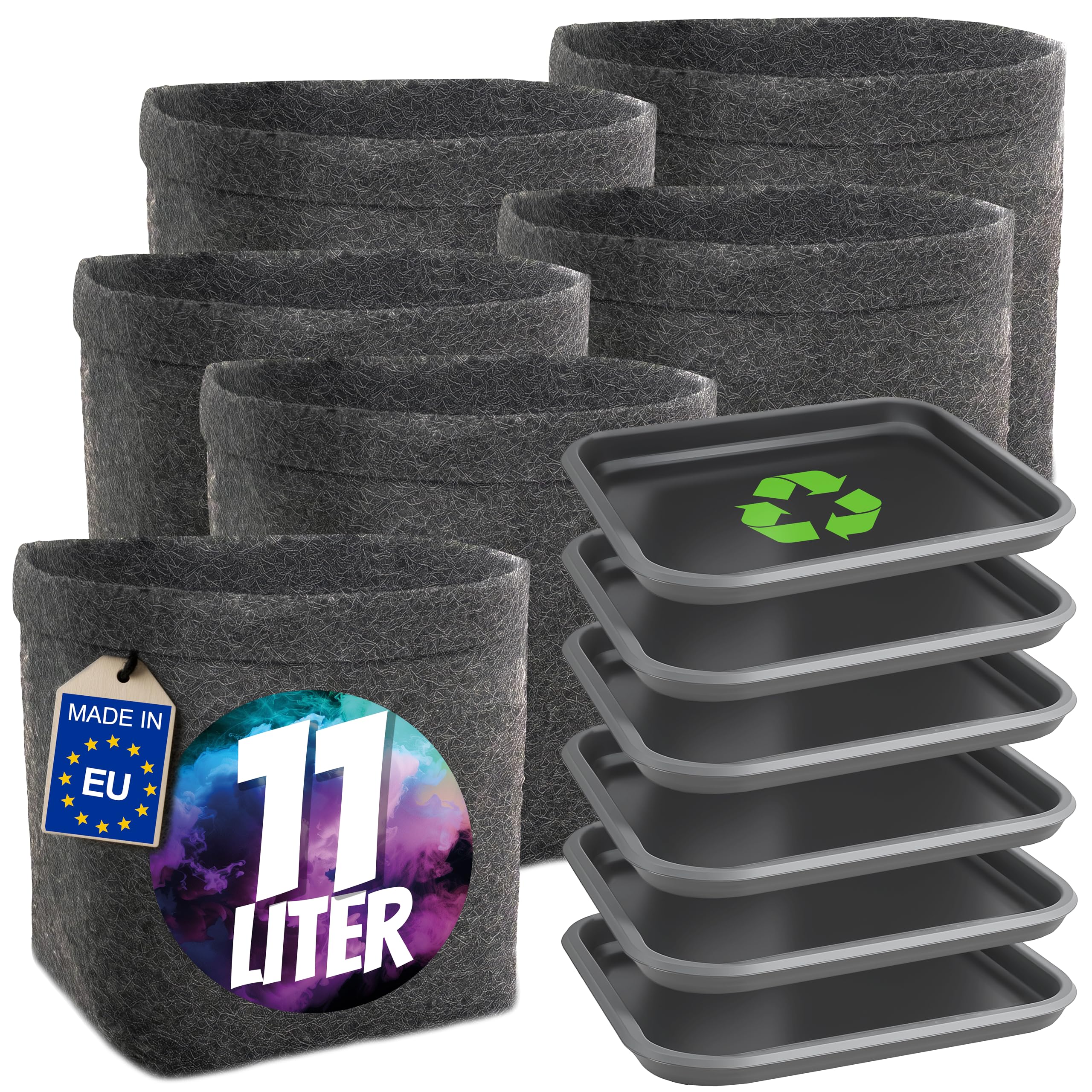 HOMEGROW24 Pflanztöpfe mit und ohne Untersetzern im Set, viereckige Filztöpfe je 11 L, Stofftöpfe für Anbau und Zucht von Pflanzen (6er Set mit 6 Untersetzern)