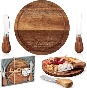 Maxcheck 1 Set Baby Shower Bridal Game Prizes for Winners Round Cheese Board Set Wood Mini Charcuterie Board with Knives and Forks Thank You Card with Gift Box for Guests Wedding Acacia