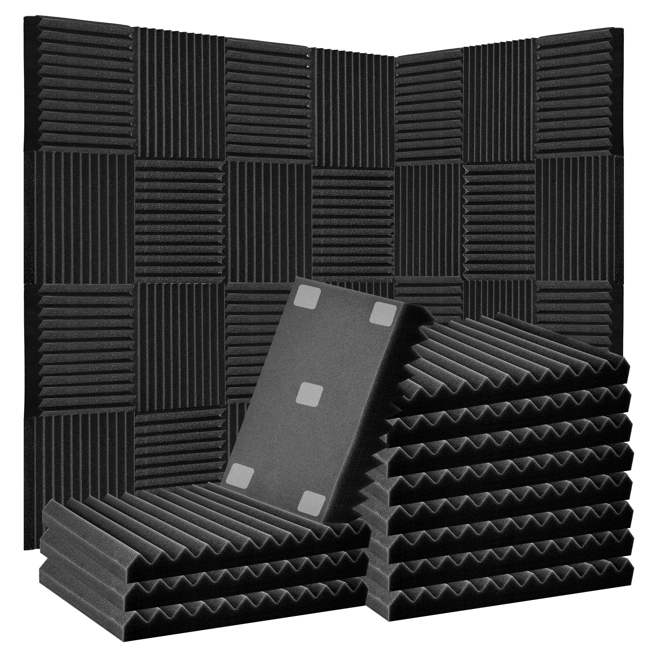 Paquete de 52 paneles de espuma acústica, 1 x 12 x 12 pulgadas, paneles de pared de absorción de sonido de cuña acústica (negro)