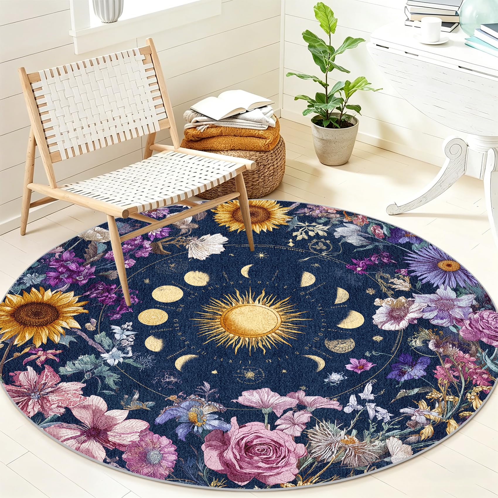 Tapis rond poil ras de 200 cm lavable et antidérapant motif fleur tournesol