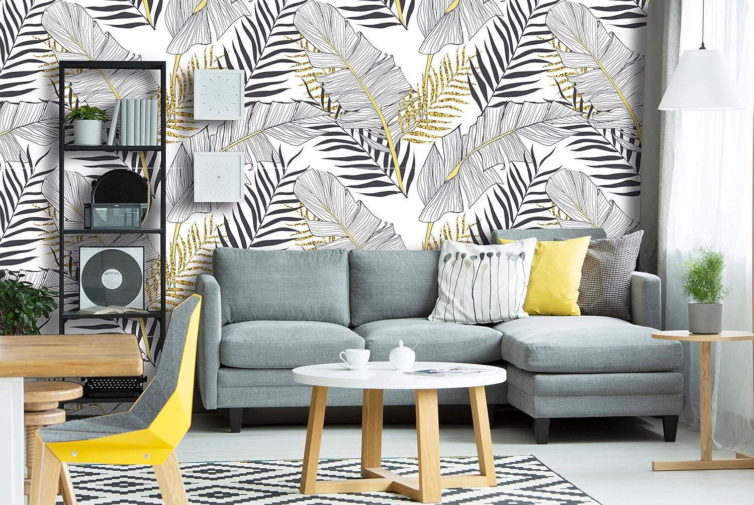 Removable Peel 'n Stick Wallpaper, Self-Adhesive Wall Mural, Watercolor Tropical Pattern, Nursery, Room Decor, Custom • Banana Gold Leaves (24" W x 96" H Inches)