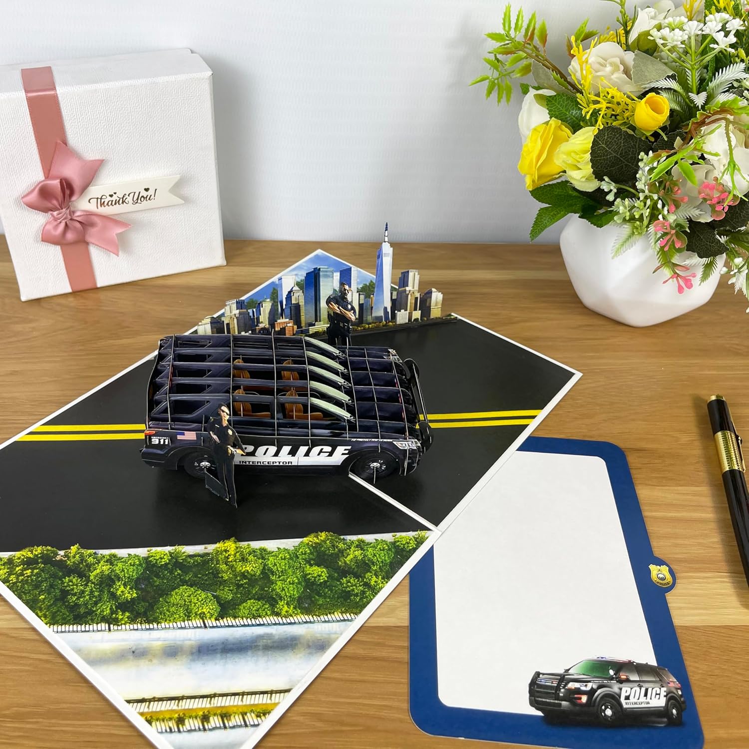 3D Police Car Popup Card - Handmade Law Enforcement Paper Art for Birthday, Anniversary, Christmas, Father’s Day - Greeting Card Gift for Him, Her, Dad, Son, Husband, Wife, Police Officer - Image 3
