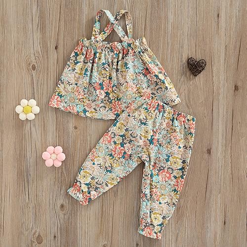 Miniatura 2 de Conjunto de 2 piezas de ropa con volantes y cuello halter floral para niños pequeños