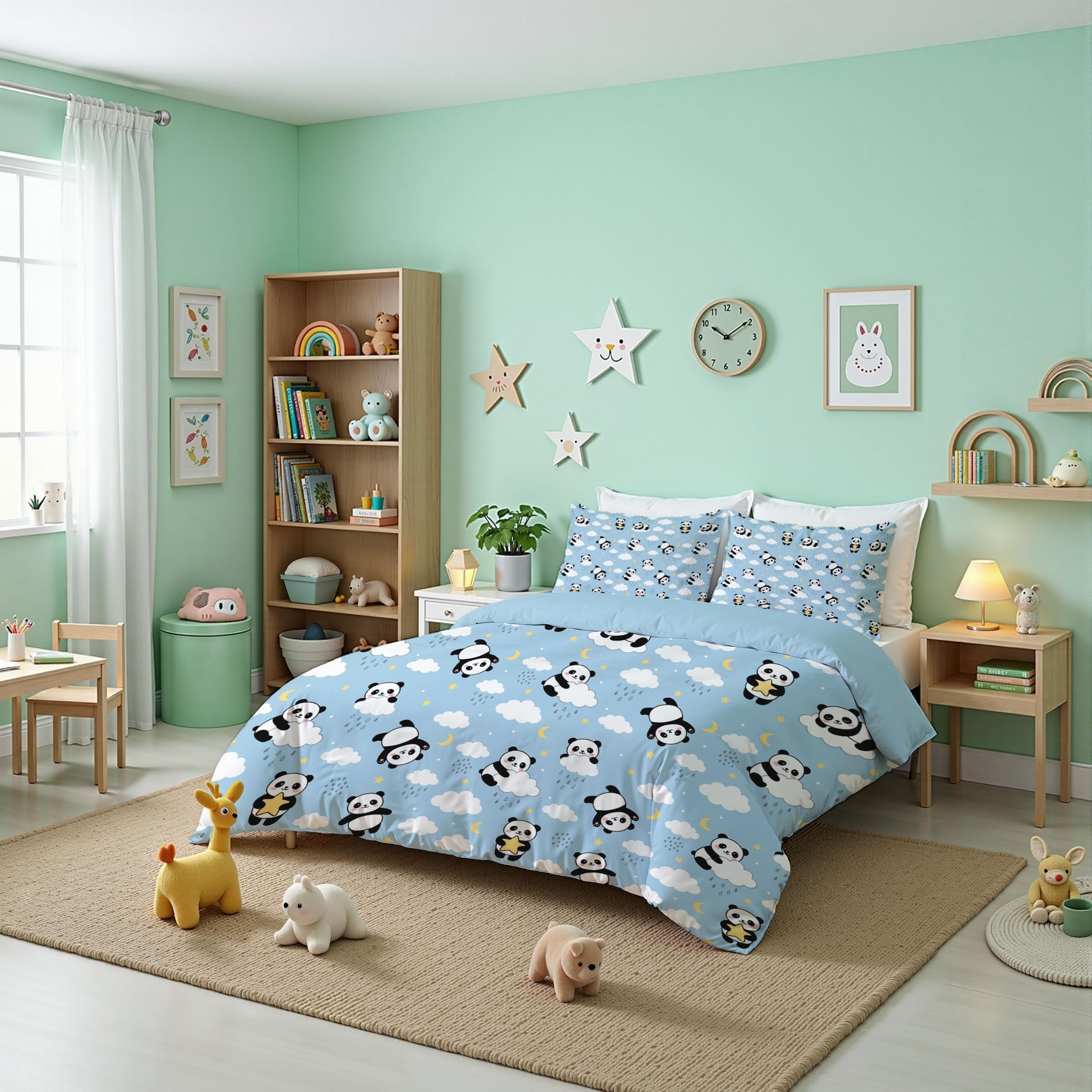 Housse de couette 200x200 panda étoiles nuages parure lit enfant douce comme un bisou