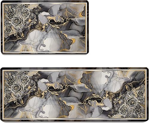 Miniatura 3 de Qahing Juego de 2 alfombras de cocina con diseño floral bohemio, antifatiga, antideslizantes, cómodas, bohemias, impermeables, para fregadero de