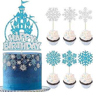 Gyufise 25Pcs Ice Castle Cake Toppers Frozen Snowflake Cupcake Picks Winter Wonderland Happy Birthday Cake Decoration for Frozen Theme Baby Shower Christmas Birthday Party Supplies Blue