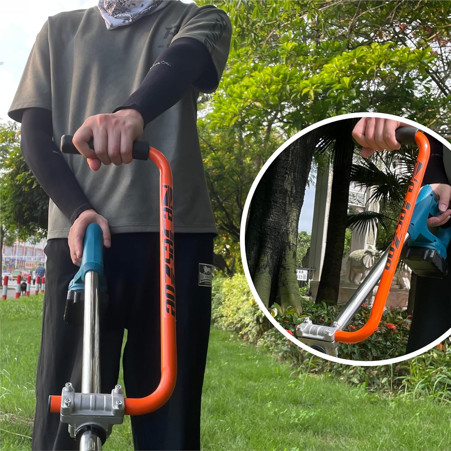 NeJesZoe Ergonomic Trimmer Grip for Weed Wackers Extension Handle, String Trimmer Handle Lawn Trimmer Handle Grip with Bracket Clamp for String Trimmer, Lawn Care, Landscaping (Orange Black)