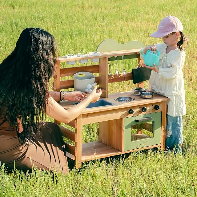 Foto 6 de 8 de ROBOTIME Gran cocina de jardín de madera para niños al aire libre, cocina de juego de lujo con grifo…