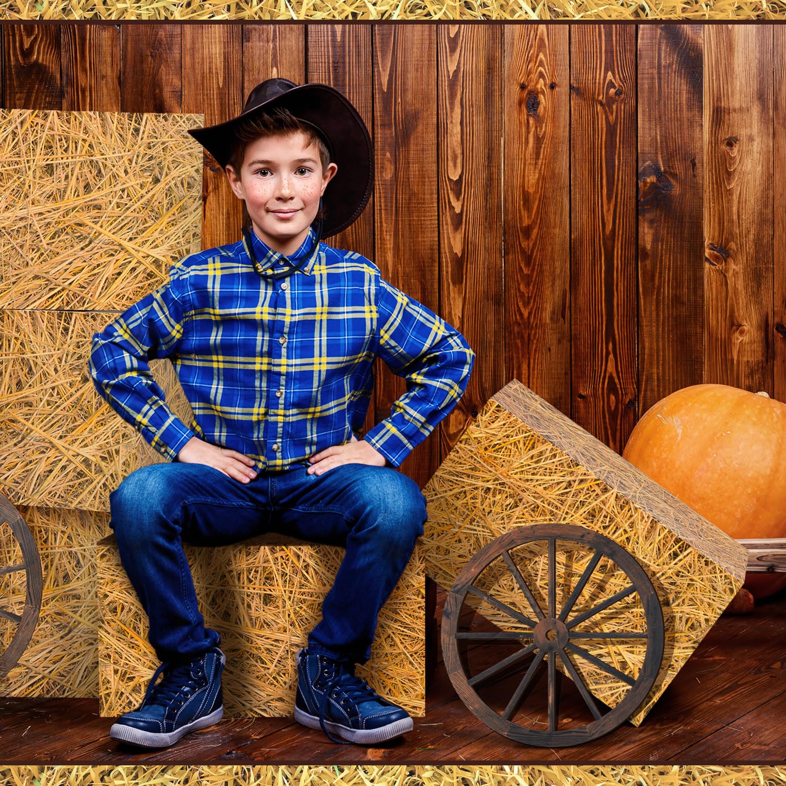 Outus 8 decorazioni per feste da cowboy includono 2 ruote rustiche in legno per carro 6 balle di fieno in paglia di grano, decorazioni occidentali per feste per foto puntelli compleanno autunno